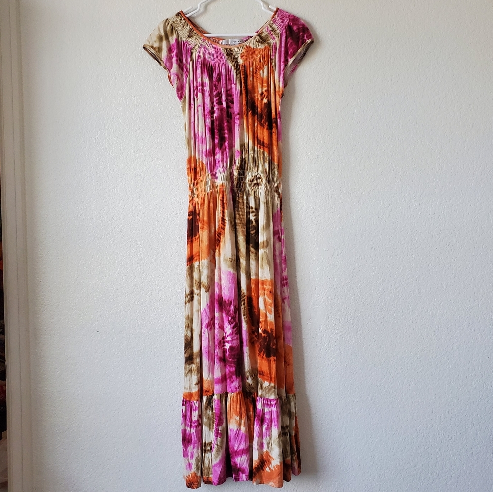 WD.NY Womans Orange Pink Tan Maxi Dress